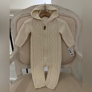 🤍 6 Mth Cozy Cream~Ivory Cable Knit Hooded 100% Cotton Baby Onesie Romper